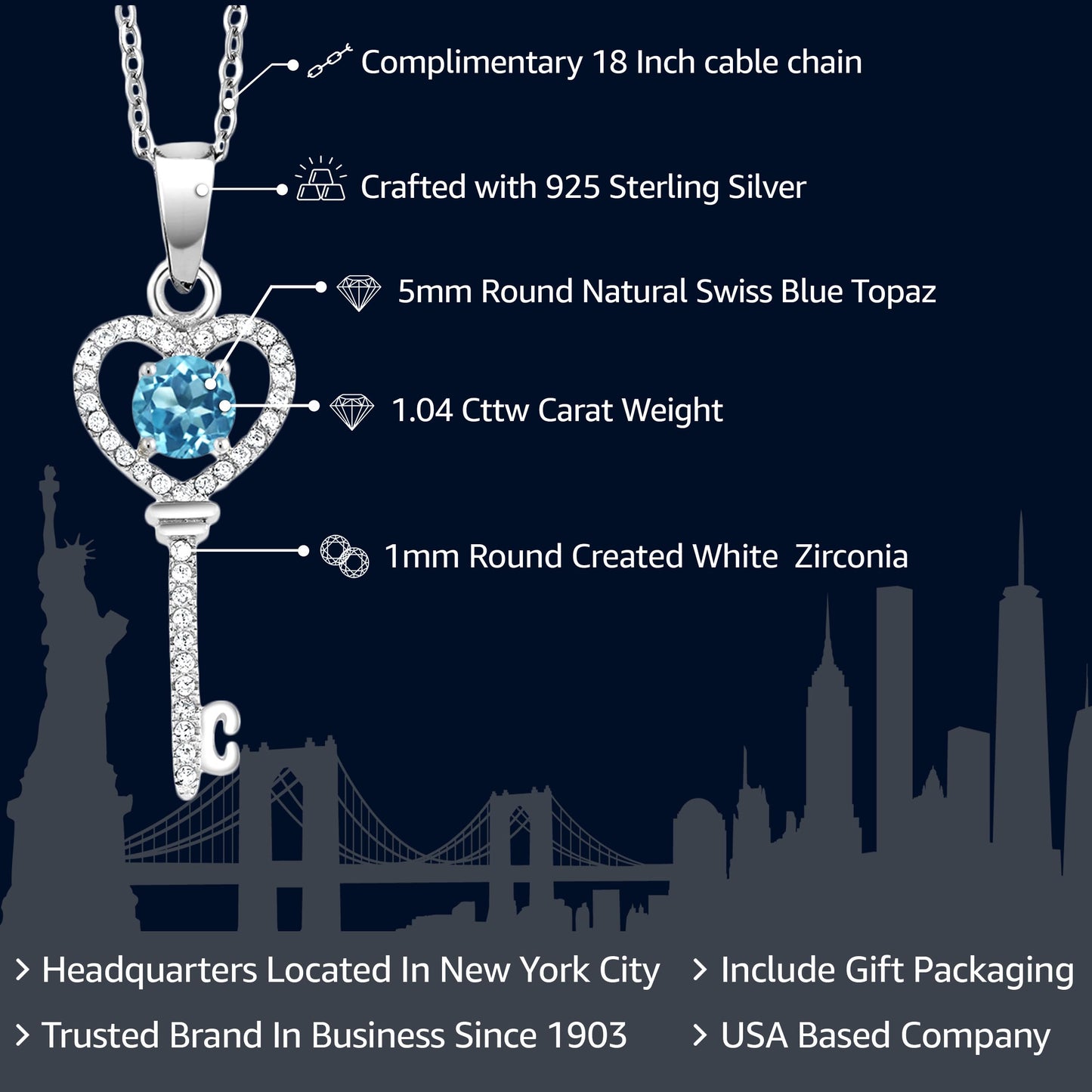 Gem Stone King Heart Key Pendant Necklace For Women | 925 Sterling Silver | Gemstone Birthstone | Round 5MM | With 18 Inch Silver Chain