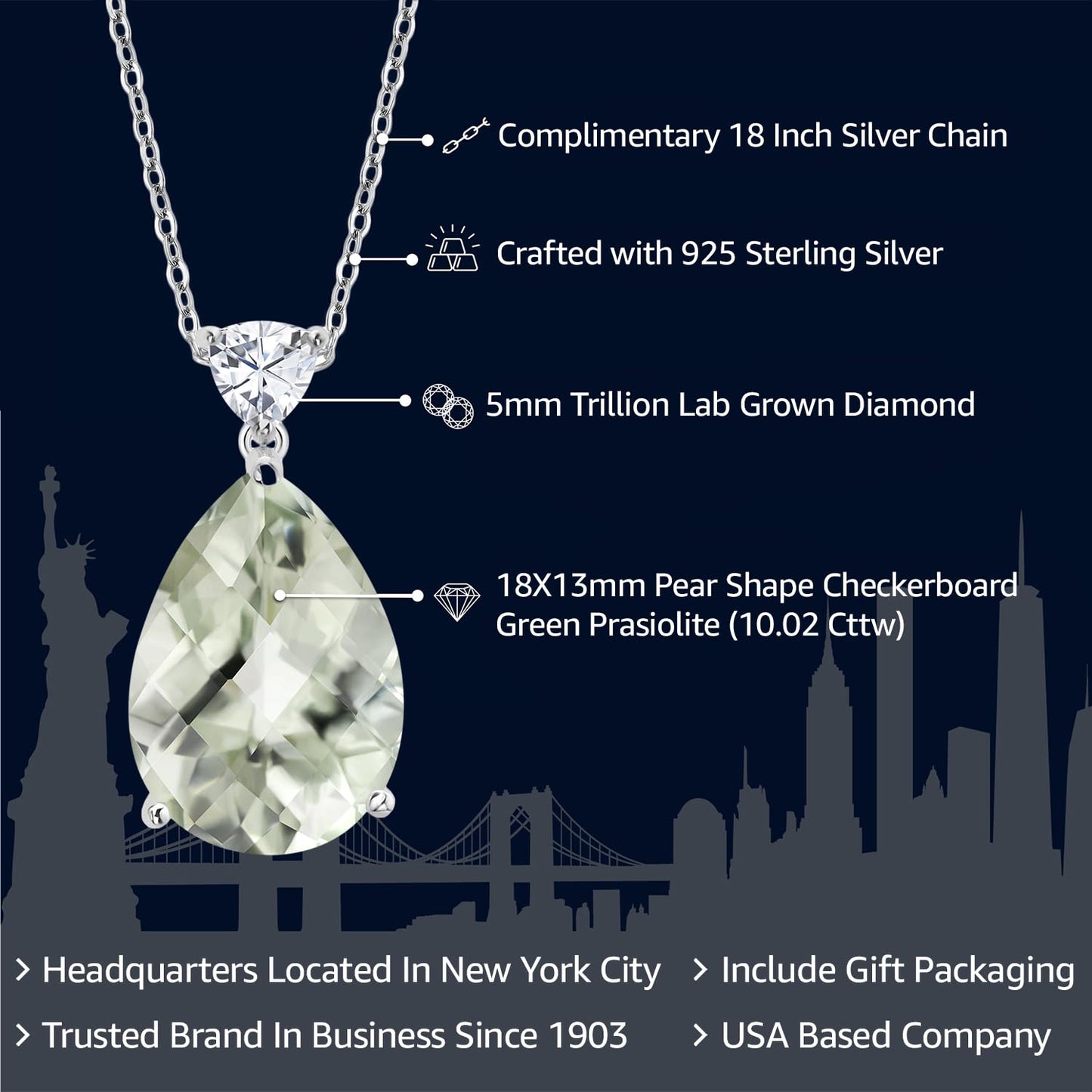 Gem Stone King 925 Sterling Silver Pear Shape Green Prasiolite and White Moissanite Pendant Necklace For Women (10.02 Cttw, with 18 inch Chain)