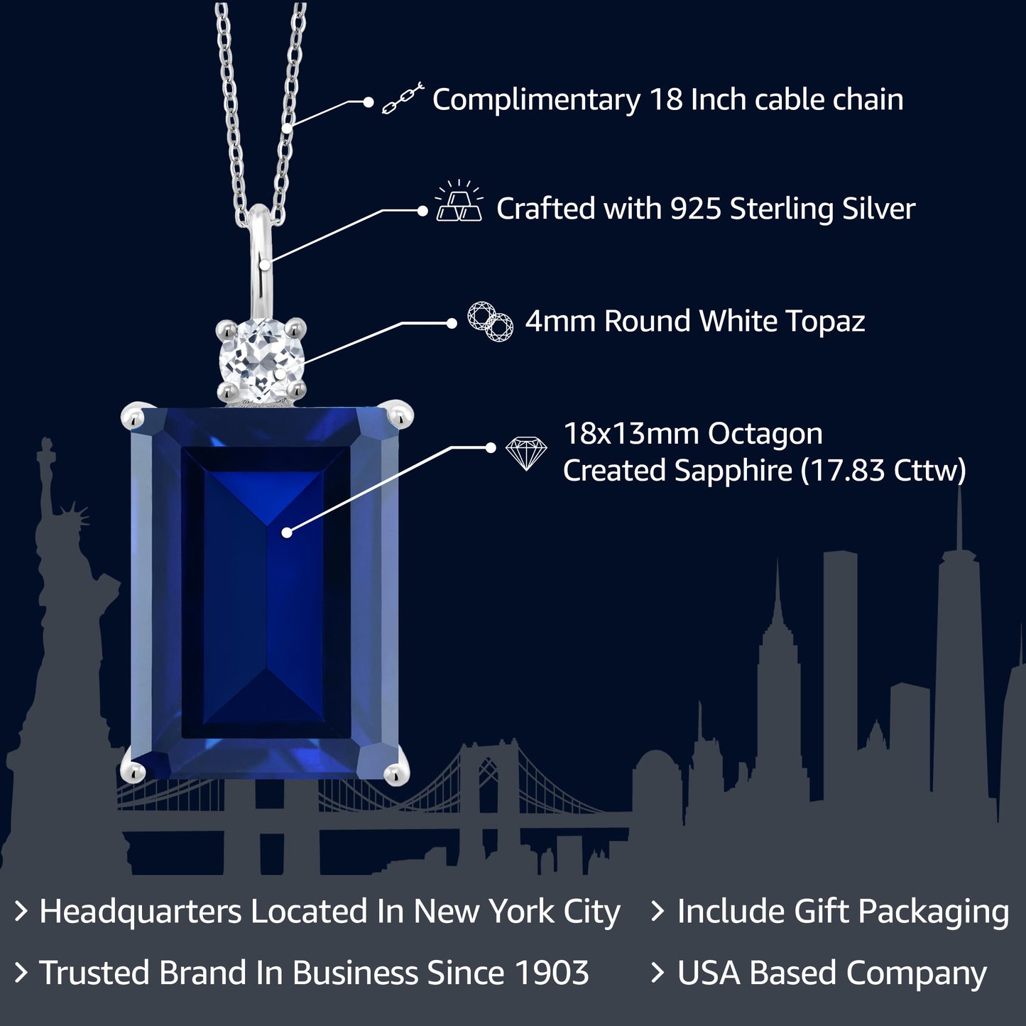 Gem Stone King 17.83 Cttw Blue Created Sapphire and White Topaz Pendant Necklace For Women In 925 Sterling Silver | Emerald Cut 18X13MM | With 18 Inch Silver Chain