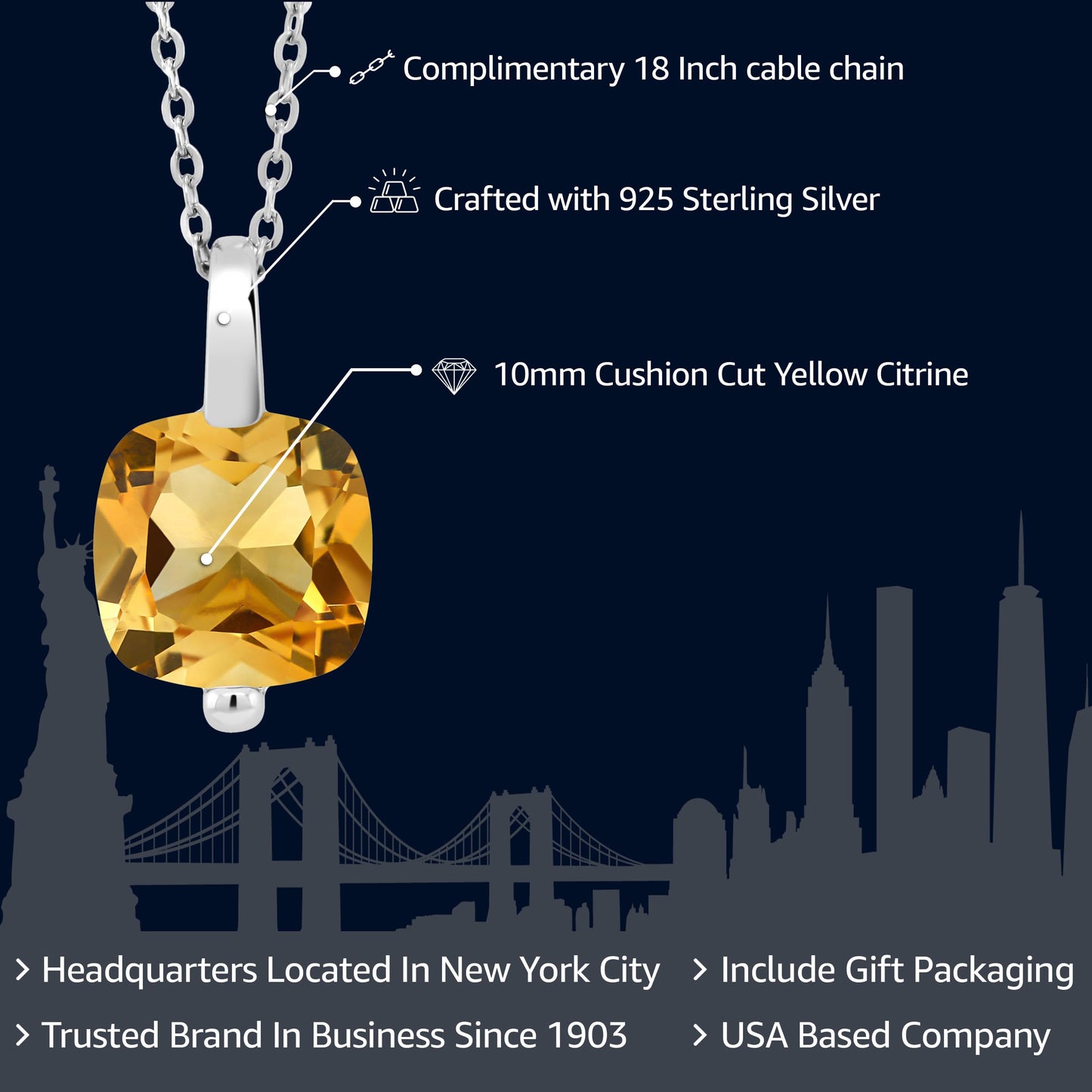 Gem Stone King 925 Sterling Silver 10MM Cushion Cut Gemstone Birthstone Solitaire Pendant Necklace For Women with 18 Inch Silver Chain