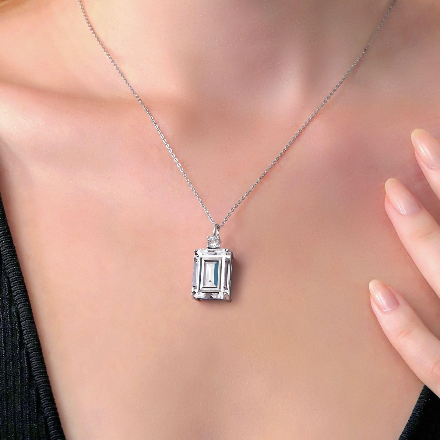 Gem Stone King 18K Rose Gold Plated Silver CZ Simulated Diamond Pendant Necklace For Women (27.35 Cttw, Emerald Cut 18X13MM, With 18 Inch Silver Chain)