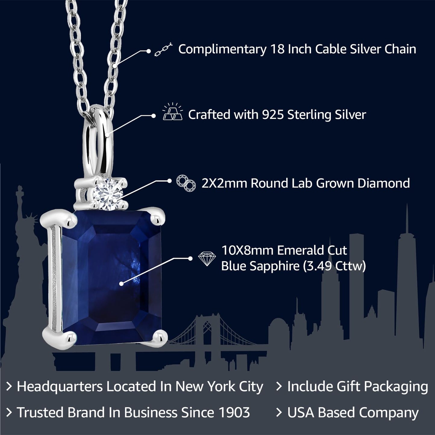 Gem Stone King 925 Silver Blue Sapphire and White Lab Grown Diamond Pendant Necklace For Women (3.49 Cttw, Gemstone September Birthstone, Emerald Cut 10X8MM with 18 Inch Silver Chain)