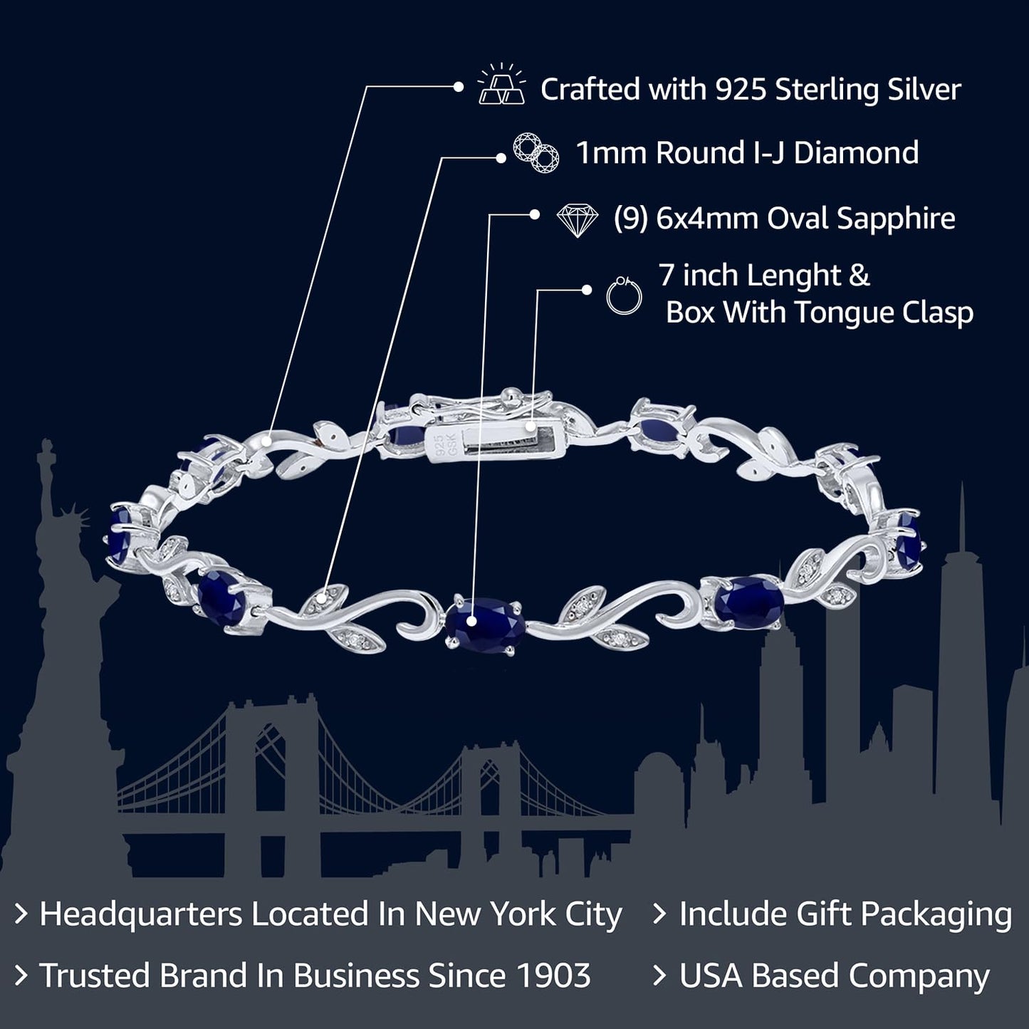 Gem Stone King 925 Sterling Silver Blue Sapphire and White Diamond Oval Tennis Bracelet | Greek Vine Bracelet for Women | 5.12 Cttw | Oval 6X4MM | Gemstone Birthstone | 7 Inch