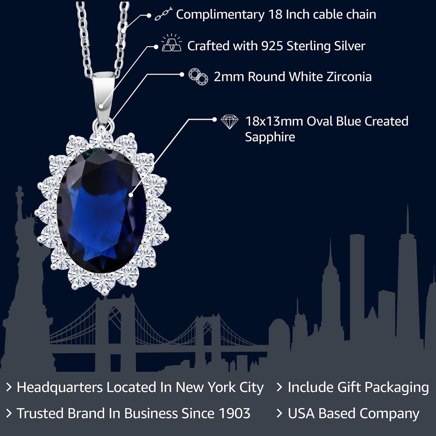 Gem Stone King 13.00 Cttw Blue Simulated Sapphire Pendant Necklace For Women | 925 Sterling Silver | Oval 13X18MM | Fine Jewelry Gifts for Her Mom Women Wife | With 18 Inch Silver Chain