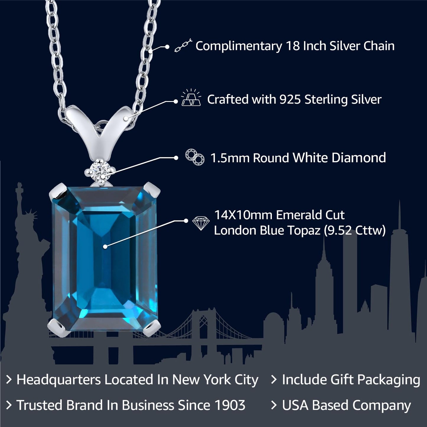 Gem Stone King 925 Sterling Silver London Blue Topaz and White Diamond Pendant Necklace For Women (9.52 Cttw, Gemstone Birthstone, Emerald Cut 14X10MM, with 18 Inch Silver Chain)