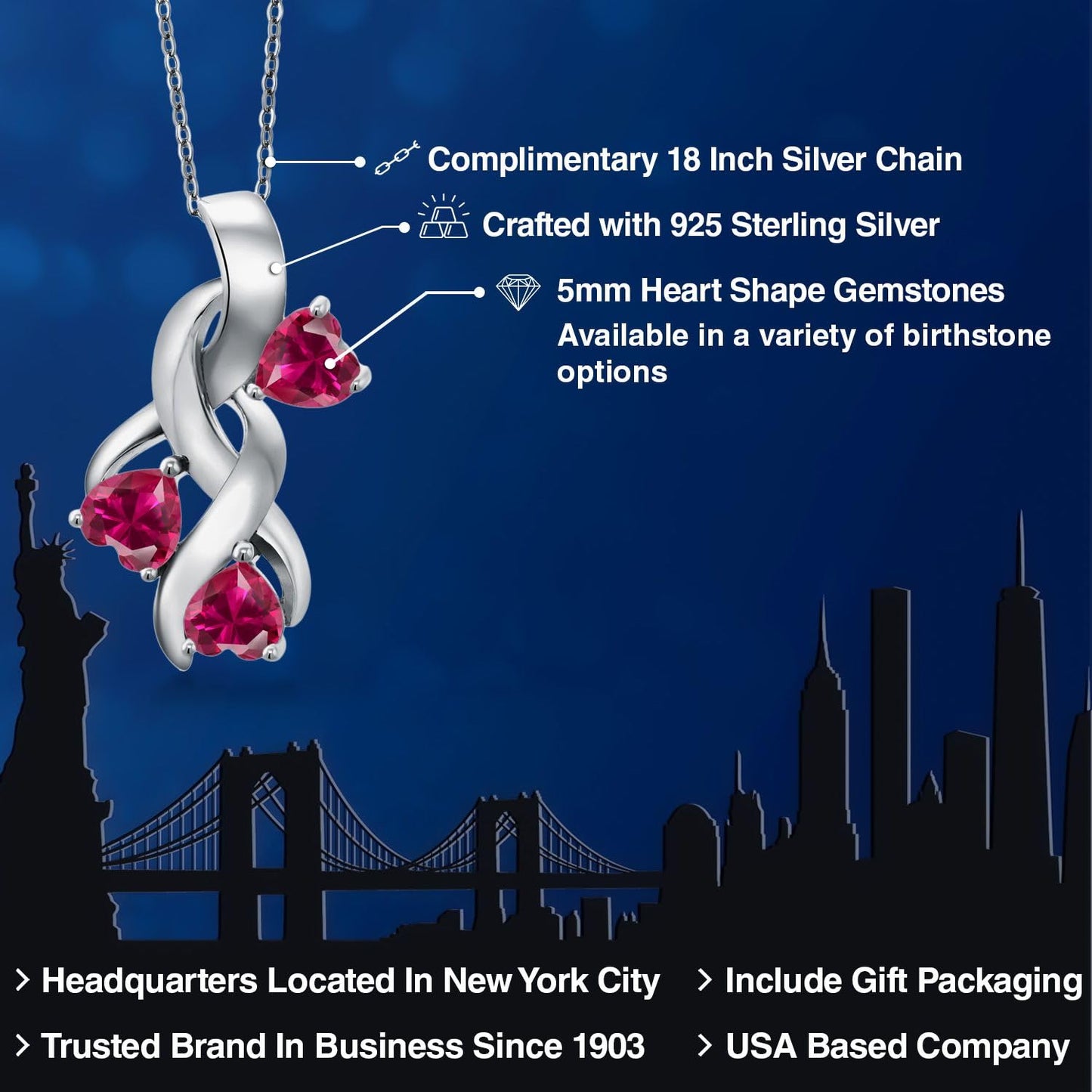 Gem Stone King 925 Sterling Silver Red Created Ruby Pendant Necklace For Women (1.80 Cttw, Heart Shape 5MM, With 18 Inch Silver Chain)