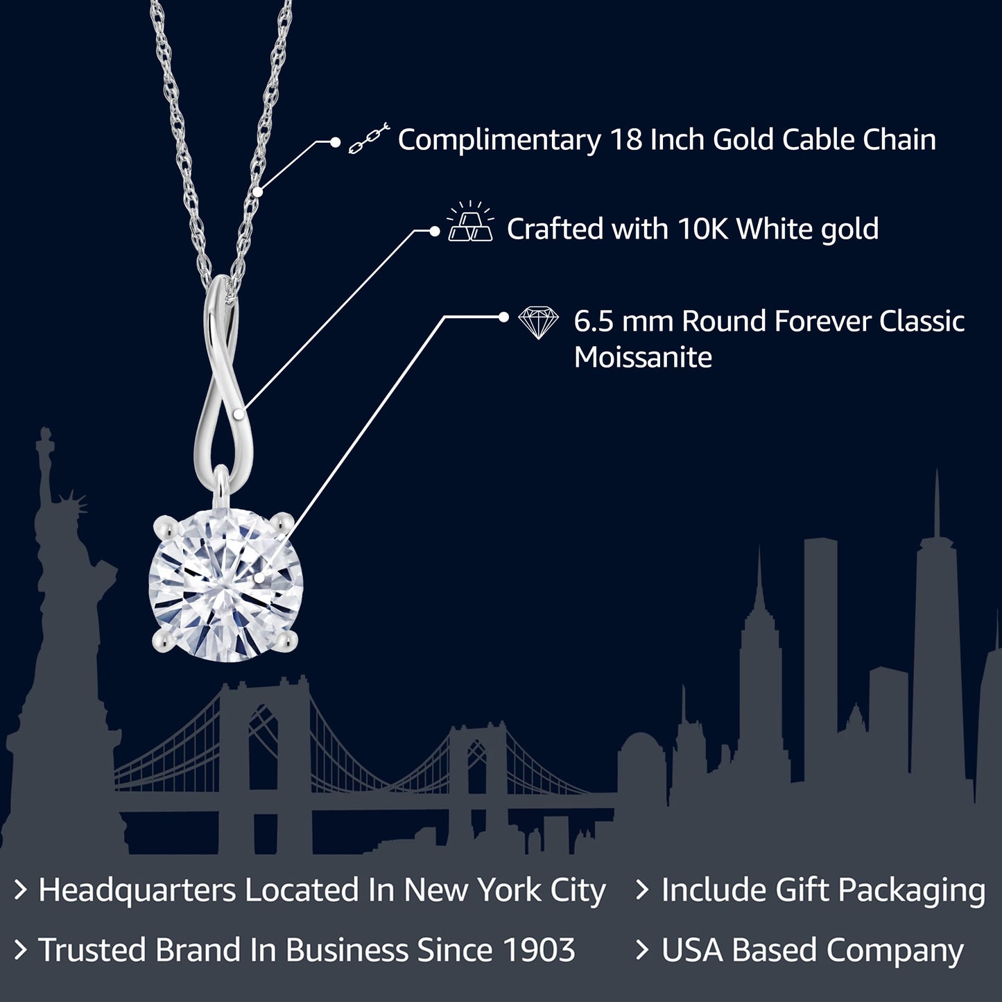 Gem Stone King 10K White Gold Gemstone Birthstone Solitaire Pendant Necklace | Round 6.5MM | White Gold Necklace for Women | With 18 Inch White Gold Chain