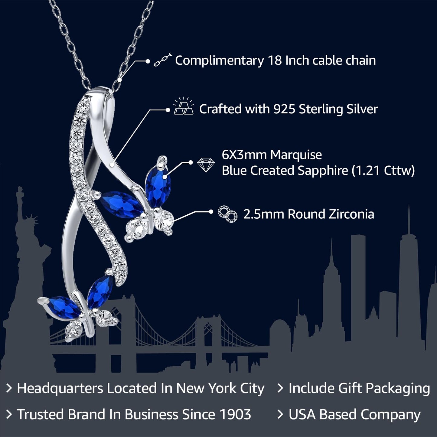 Gem Stone King 925 Sterling Silver Created Blue Sapphire Necklace | Butterfly Infinity Pendant Necklace for Women | 1.21 Ct Marquise | With 18 Inch Silver Chain