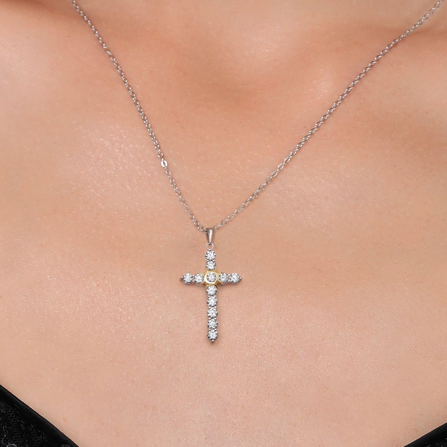 Gem Stone King 1.20 Cttw Lab Grown Diamond Religious Cross Pendant Necklaces for Women | 925 Silver and 10K Yellow Gold | F-G Color | VVS-VS Clarity | Round 3MM | With 18 Inch Chain