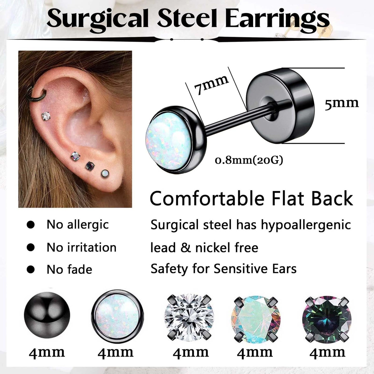 Jstyle Surgical Steel Earrings for Sensitive Ears Hypoallergenic 20G Stainless Stud Hoop Earrings for Women Men Small Ball Opal CZ Surgical Steel Flat Back Earrings Cartilage Hoop Earrings Black Tone