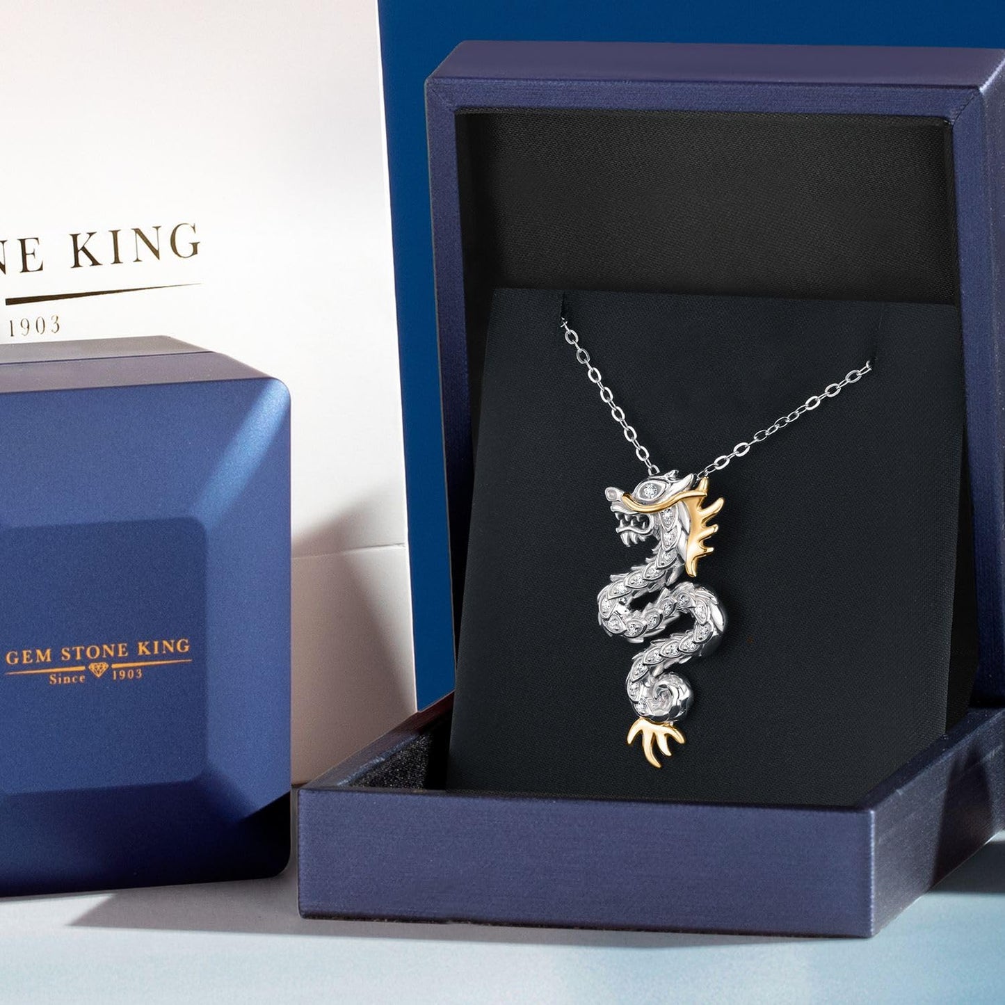 Gem Stone King Dragon Necklace with Lab Grown Diamond In 925 Sterling Silver and 10K Gold By Keren Hanan | Dragon Pendant Symbolize Luck Strength and Success | With 18 Inch Chain