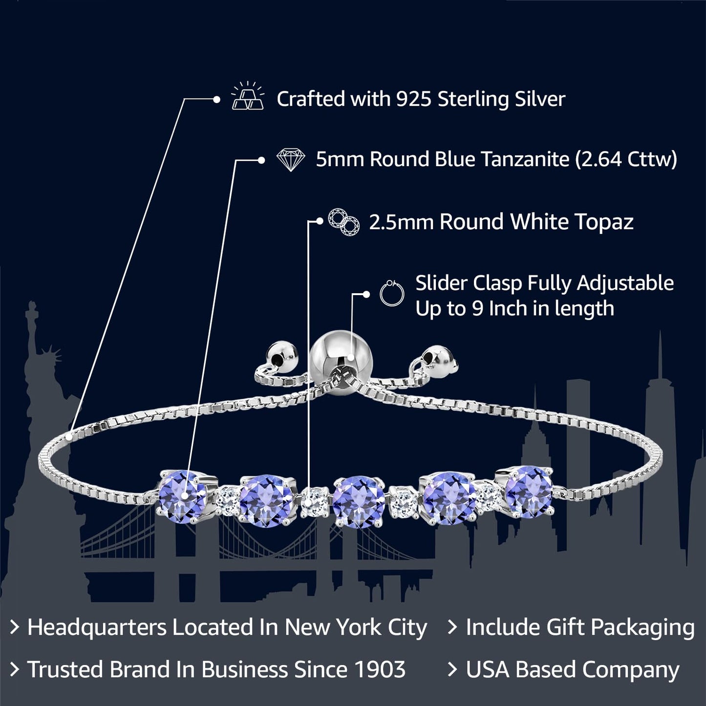 Gem Stone King 925 Sterling Silver Blue Tanzanite and White Topaz Women Tennis Bracelet For Women (2.64 Cttw, Gemstone Birthstone, Round 5MM and 2.5MM, Fully Adjustable Up to 9 Inch)