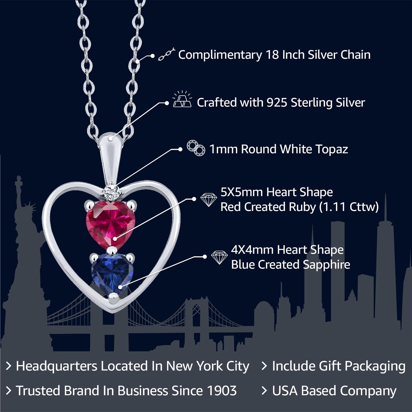 Gem Stone King 925 Sterling Silver Red Created Ruby Blue Created Sapphire and White Topaz Pendant Necklace For Women (1.11 Cttw, Heart 5MM and 4MM, with 18 Inch Silver Chain)