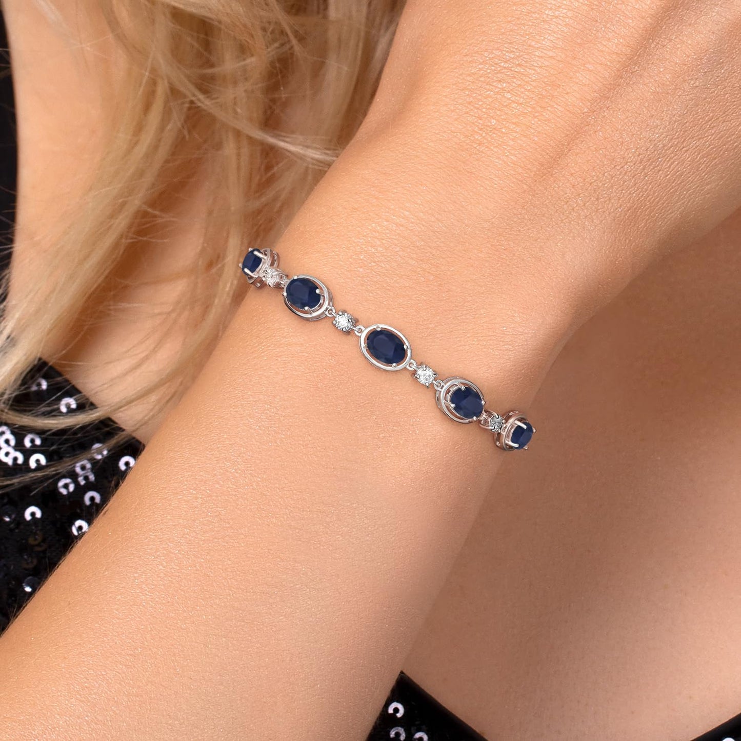 Gem Stone King 925 Sterling Silver Blue Sapphire Bracelet For Women | 5.00 Cttw | Gemstone September Birthstone | Oval 7X5MM | Fully Adjustable 9 Inch