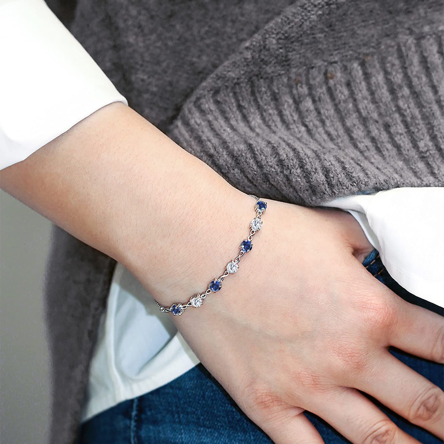 Gem Stone King 925 Sterling Silver Round Blue Created Sapphire and White Moissanite Tennis Bracelet For Women (2.39 Cttw, Gemstone September Birthstone, Round 4.5MM, Fully Adjustable Up to 9 Inch)