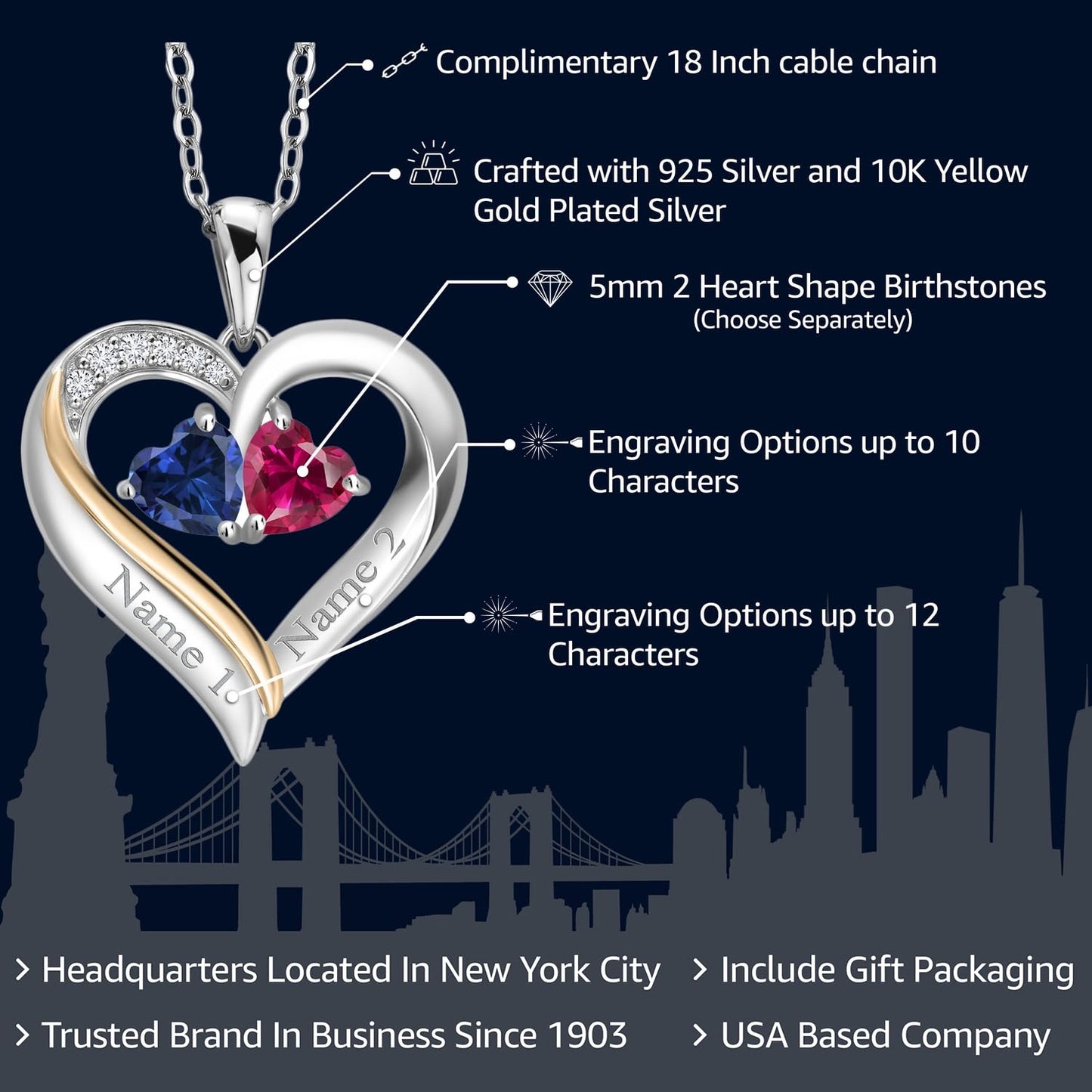 925 Sterling Silver and 10K Yellow Gold Engraved Customized and Personalized Gemstone Birthstone and White Lab Grown Diamond 2-Heart Couple Name Pendant Necklace For Women with 18 Inch Silver Chain