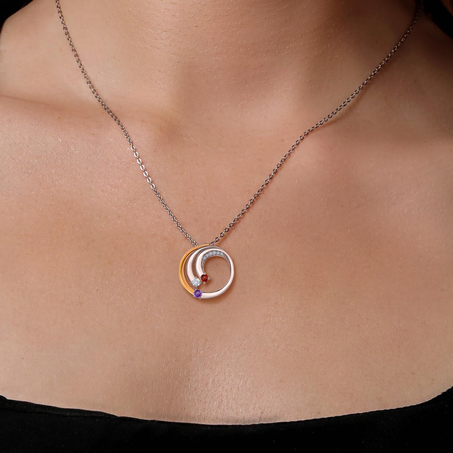 Gem Stone King 925 Silver and 10K Yellow Gold Gemstone Birthstone and White Lab Grown Diamond Spiral Wave 3 Stone Pendant Necklace For Women with 18 Inch Chain