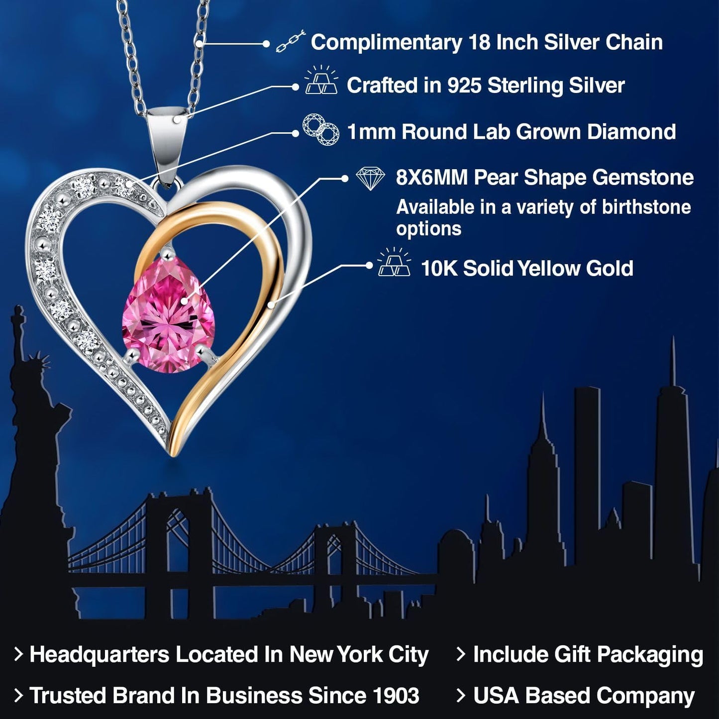 Gem Stone King 925 Sterling Silver and 10K Yellow Gold 8X6MM Pear Shaped Gemstone Birthstone & Lab Grown Diamond Heart Necklace | Love Pendant Necklace for Women By Keren Hanan