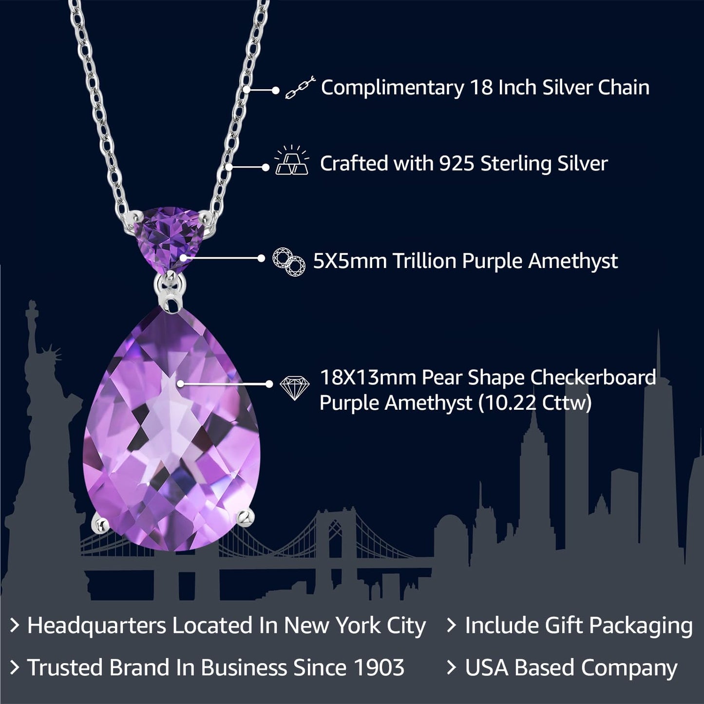 Gem Stone King 925 Sterling Silver Purple Amethyst Pendant Necklace For Women (10.22 Cttw, Gemstone Birthstone, Pear Shape Checkerboard 18X13MM, with 18 Inch Chain)