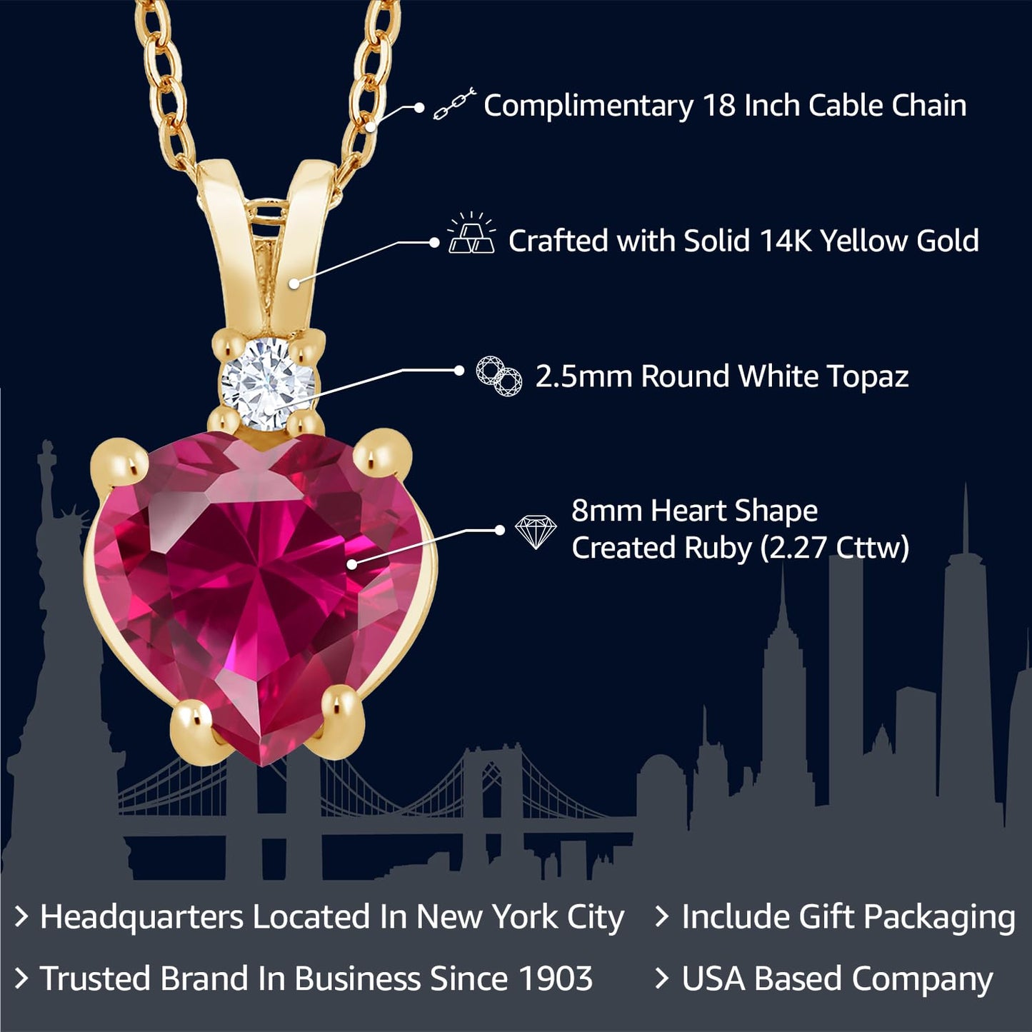 Gem Stone King 14K Yellow Gold Heart Shape Red Created Ruby and White Topaz Pendant Necklace For Women (2.27 Cttw, with 18 Inch Chain)