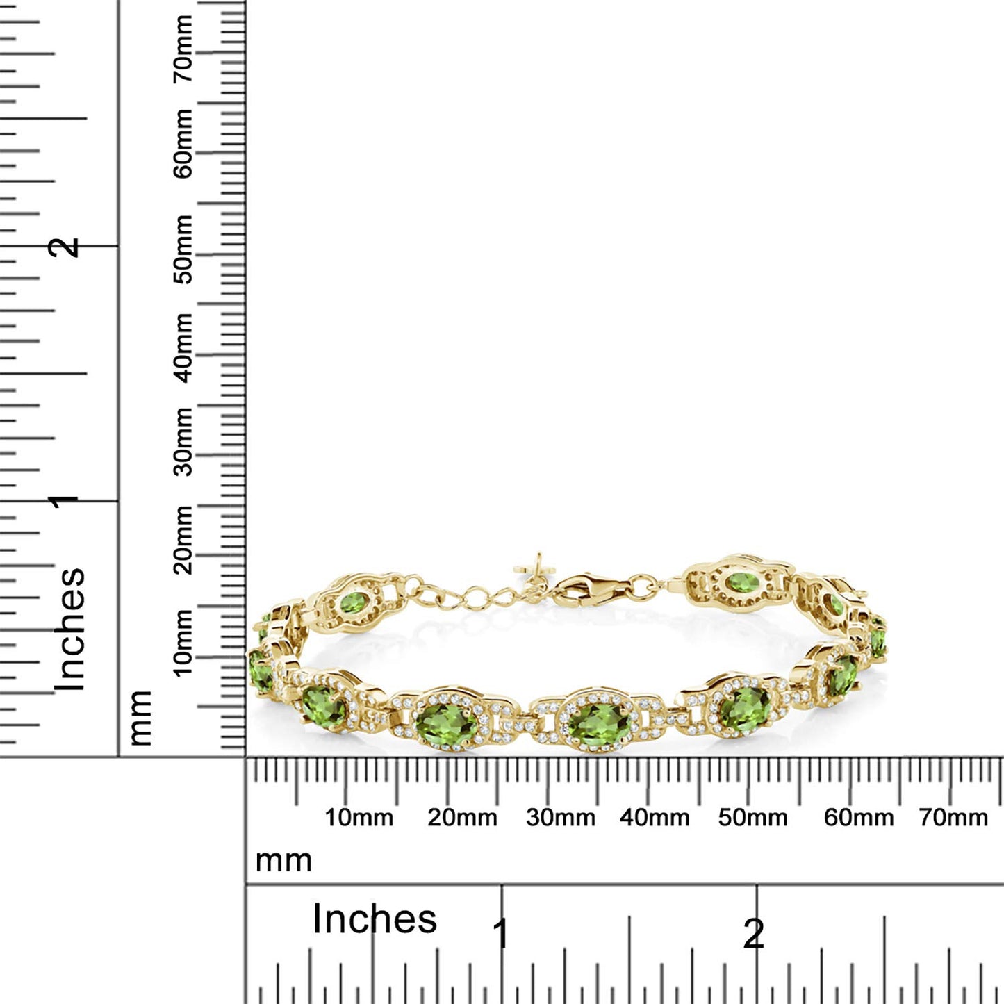 Gem Stone King 18K Yellow Gold Plated Silver Green Peridot Tennis Bracelet For Women (9.10 Cttw, Gemstone Birthstone, Oval 6X4MM, 7 Inch With 1 Inch Extender)