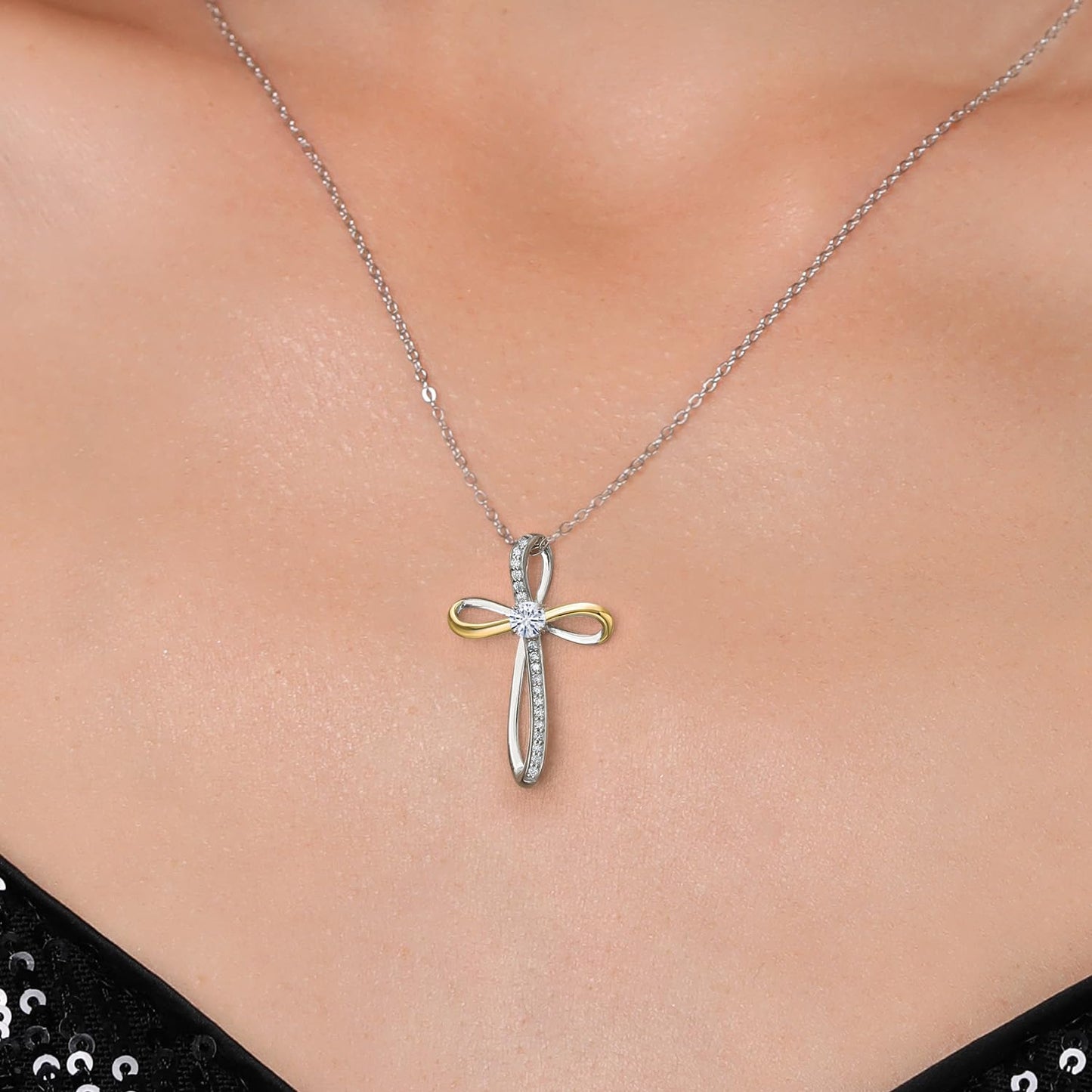 Gem Stone King Infinity Cross Necklace For Women | 925 Sterling Silver & 10K Yellow Gold | 4MM Round Gemstone Birthstone & Lab Grown Diamond Cross Faith Pendant Necklace | With 18 Inch Chain