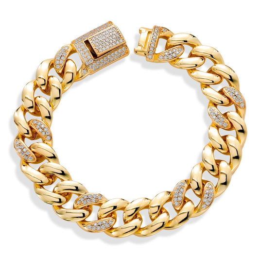 Gem Stone King 18K Yellow Gold Plated Curb Link Chain Moissanite Bracelet For Women (1.64 Cttw, 13MM Width, 6.5 Inch, 7 Inch and 7.5 inch)