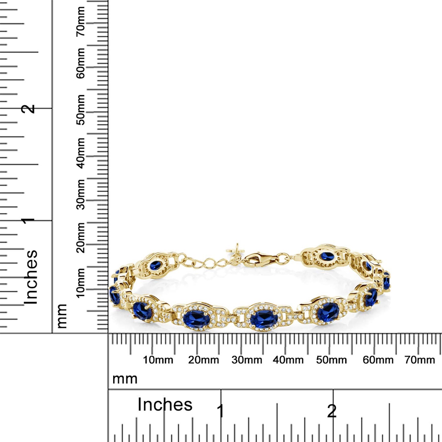 Gem Stone King 18K Yellow Gold Plated Silver Blue Created Sapphire Tennis Bracelet For Women (10.20 Cttw, 7 Inch With 1 Inch Extender)