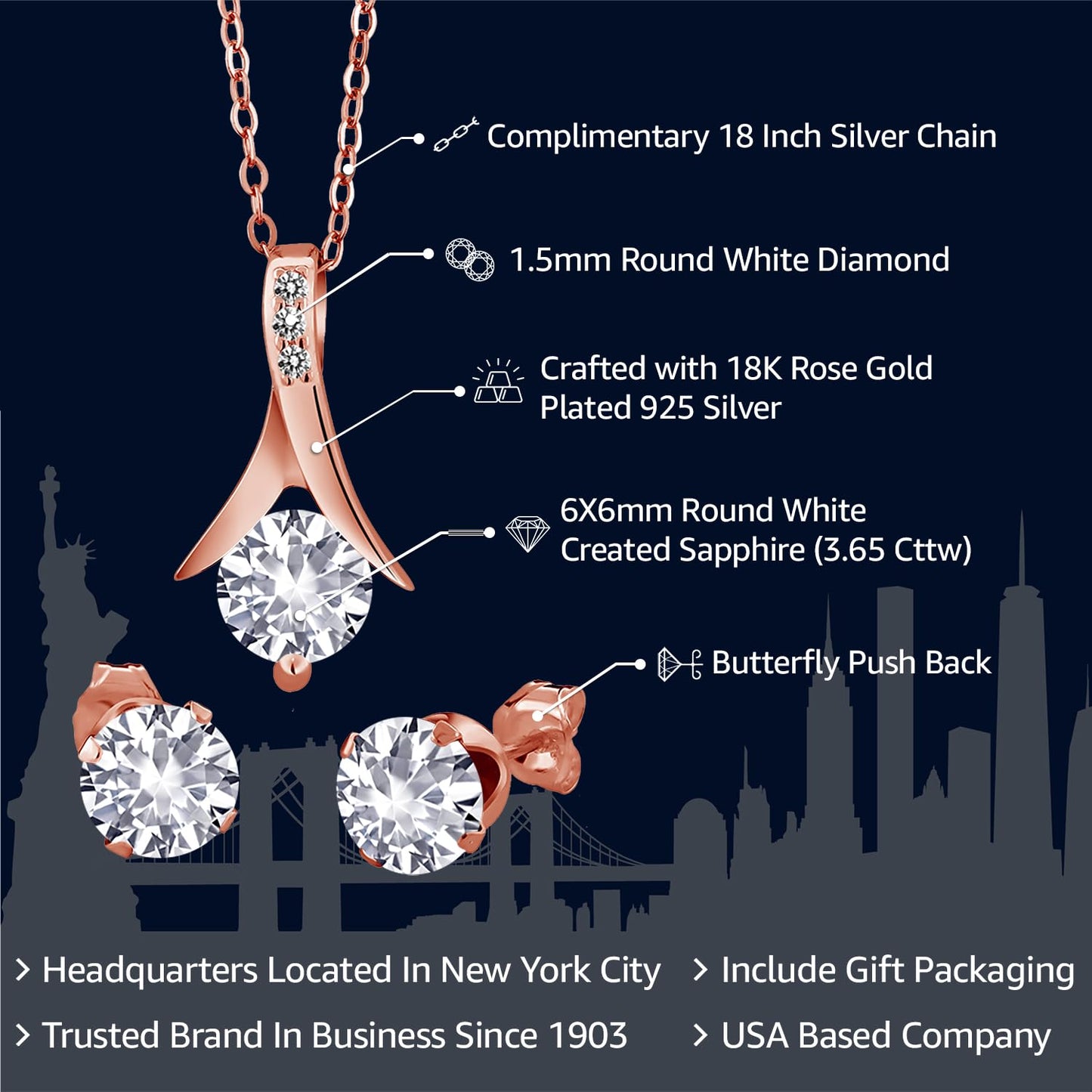 Gem Stone King 18K Rose Gold Plated Silver White Created Sapphire and White Diamond Jewelry Set For Women (3.65 Cttw, with 18 Inch Chain)