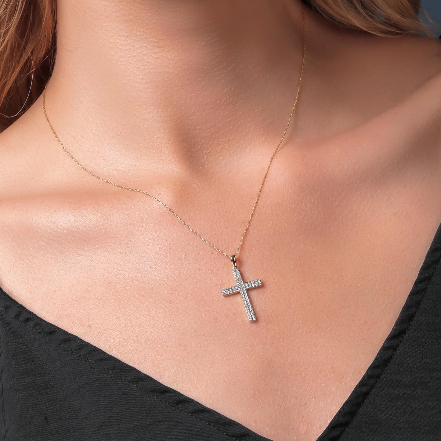 Gem Stone King 10K Yellow Gold White Lab Grown Diamond 2 Line Cross Crucifix Pendant Necklace For Women | 0.44 Cttw | G-H Color | 55 Diamonds | 1 inch | With 18 Inch Chain