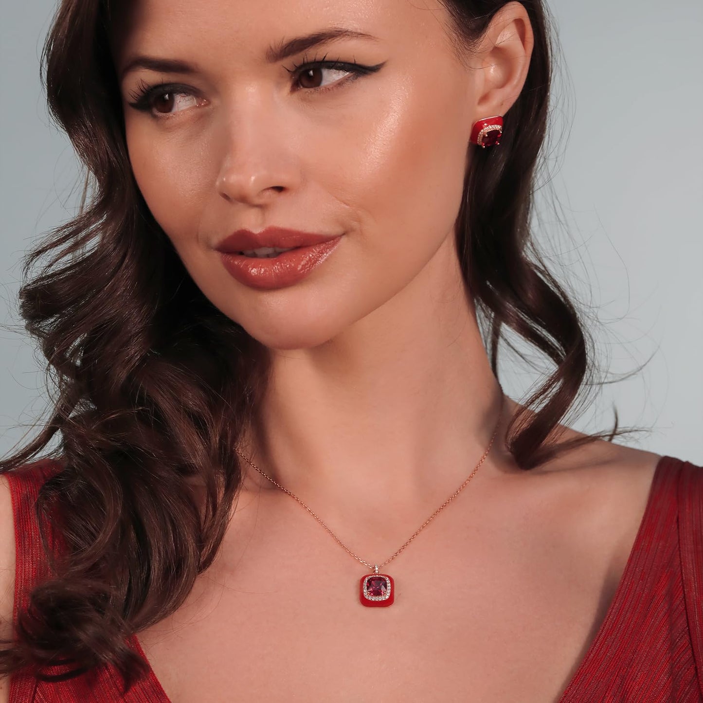 Gem Stone King Made In Italy 18K Rose Gold Plated Silver Red Simulated Ruby Red Enamel Pendant Necklace For Women (8MM Cushion, 1/2 Inch Pendant, with 17 Inch Chain)