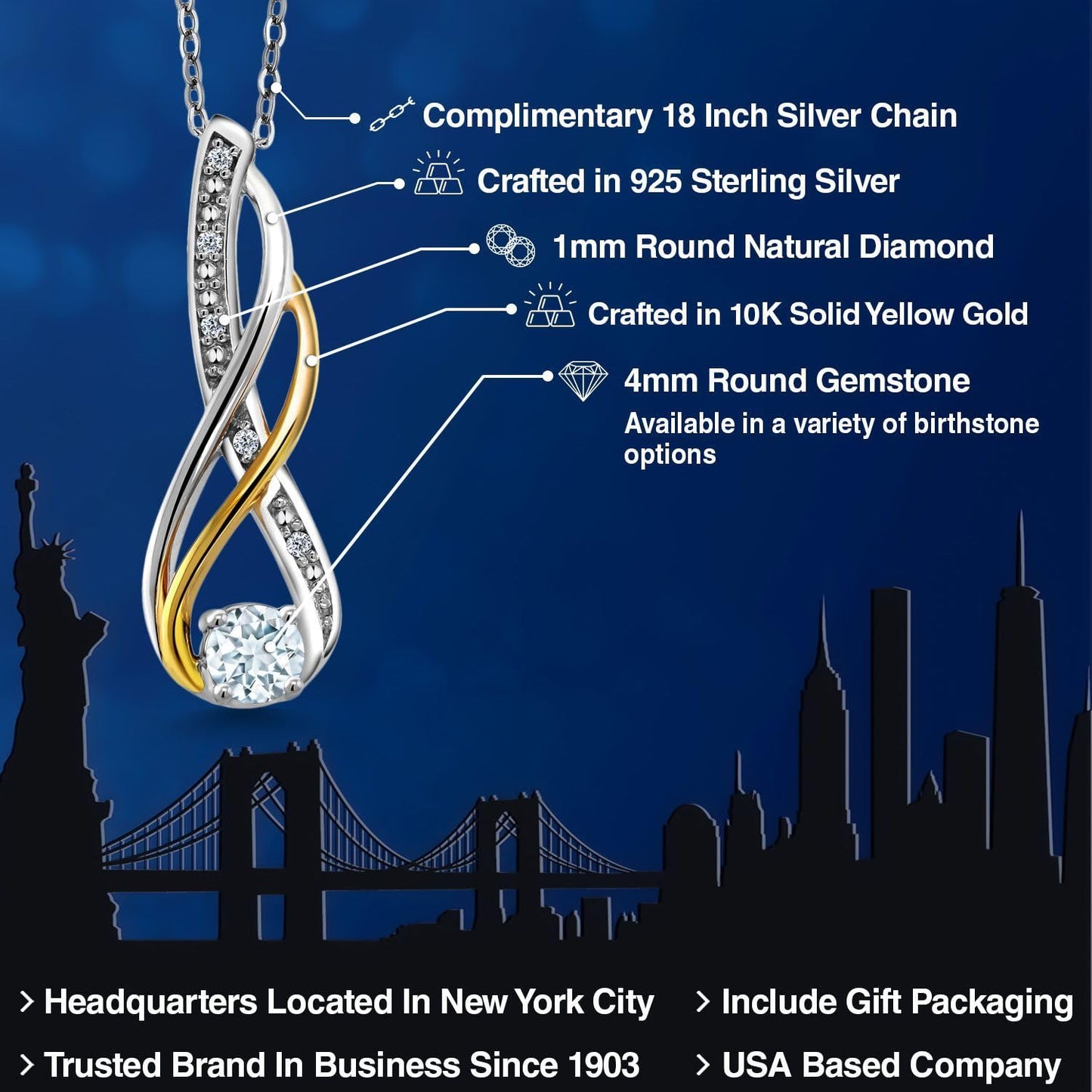 Gem Stone King 10K Yellow Gold and 925 Sterling Silver Round 4MM Gemstone Birthstone and White Diamond Infinity Pendant Necklace For Women with 18 Inch Chain