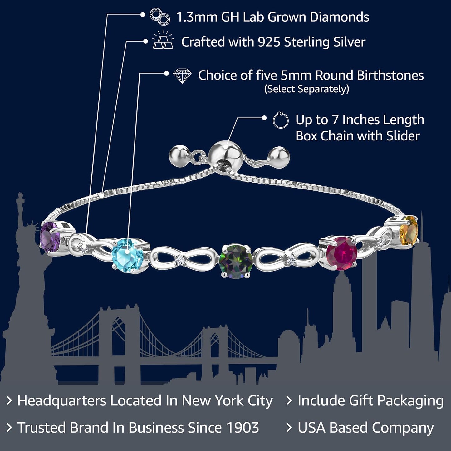 Gem Stone King 925 Sterling Silver Customized and Personalized 5 Gemstone Birthstone and White Lab Grown Diamond Adjustable Tennis Bracelet For Women