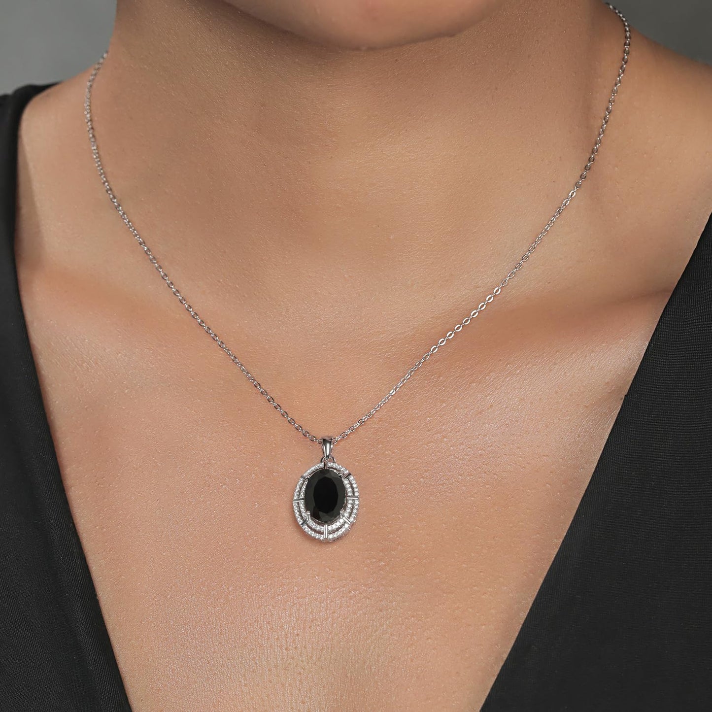 Gem Stone King Two Row Halo Necklace with 14X10MM Oval Gemstone Birthstone In 925 Sterling Silver | Double 2 Two Row Halo Pendant Necklace for Women | With 18 Inch Silver Chain