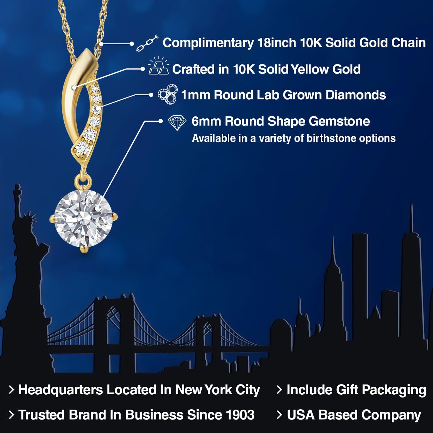 Gem Stone King 10K Yellow Gold Lab Grown Diamond Pendant Necklace for Women | 1.03 Cttw | Gemstone April Birthstone | Round 6MM | DEF Color | VVS-VS Clarity | With 18 Inch Chain