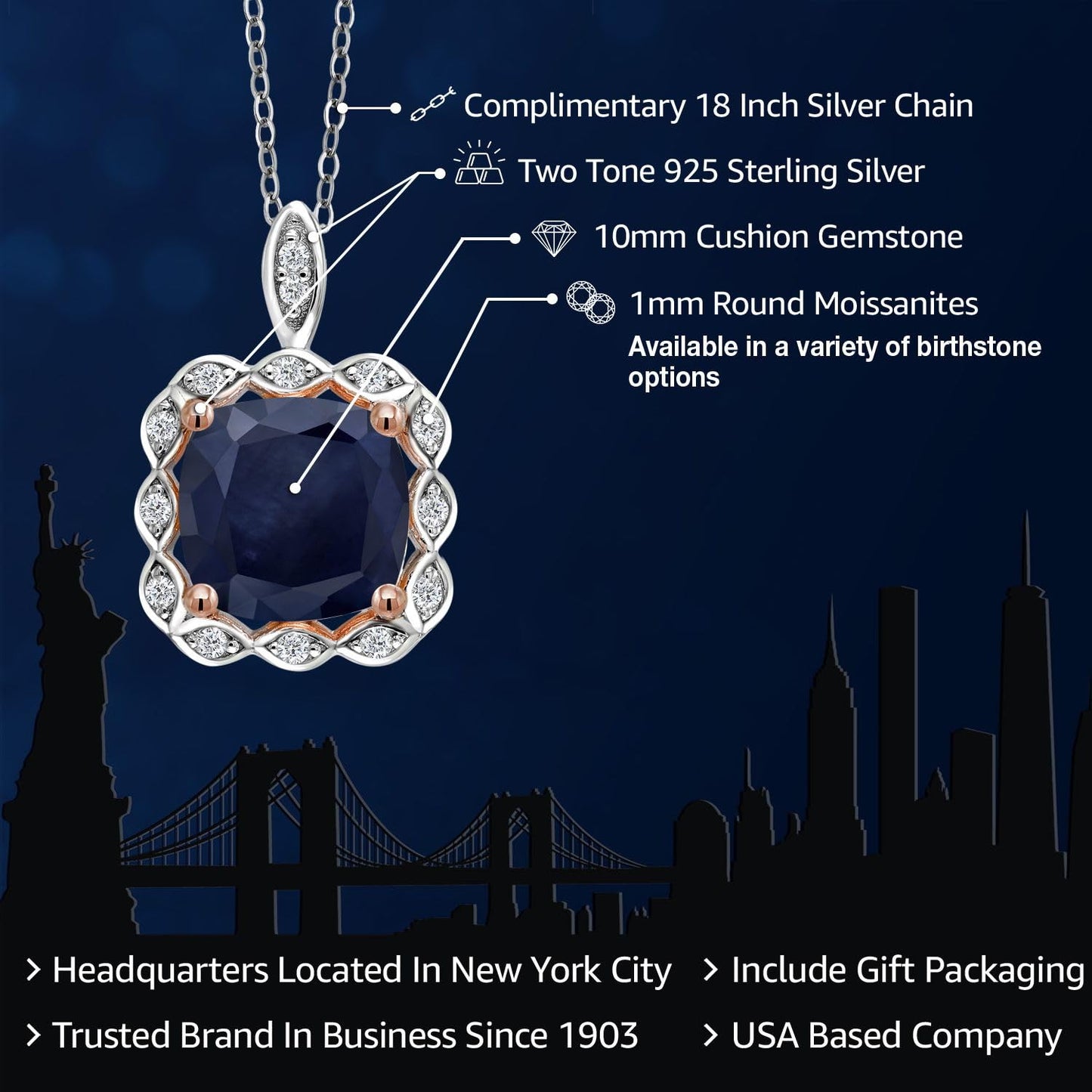 Gem Stone King 925 Sterling Silver and 18K Rose Gold Plated Cushion 10MM Gemstone Birthstone and White Moissanite Pendant Necklace For Women with 18 Inch Chain