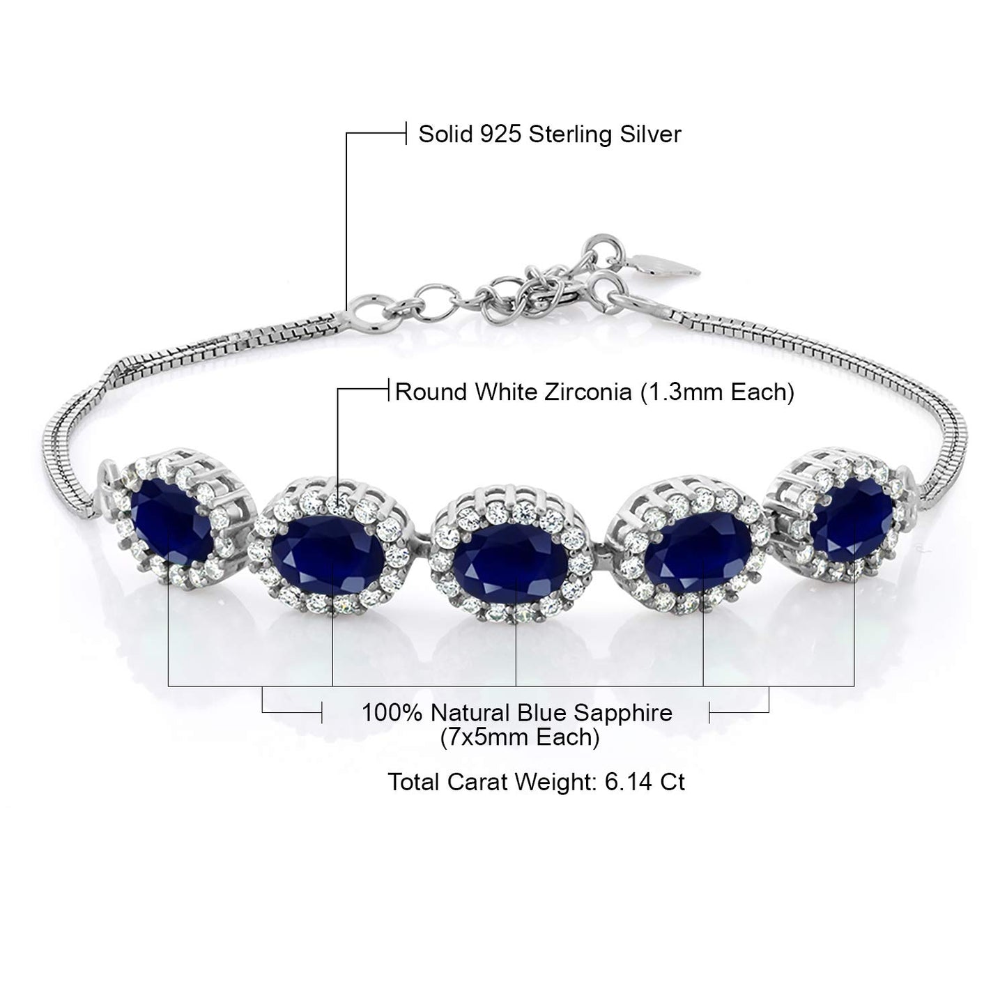 Gem Stone King 925 Sterling Silver Blue Sapphire Tennis Bracelet For Women (6.14 Cttw, Gemstone Birthstone, Center Stones: 7X5MM, 7 Inch + 1.5 inch Extender)