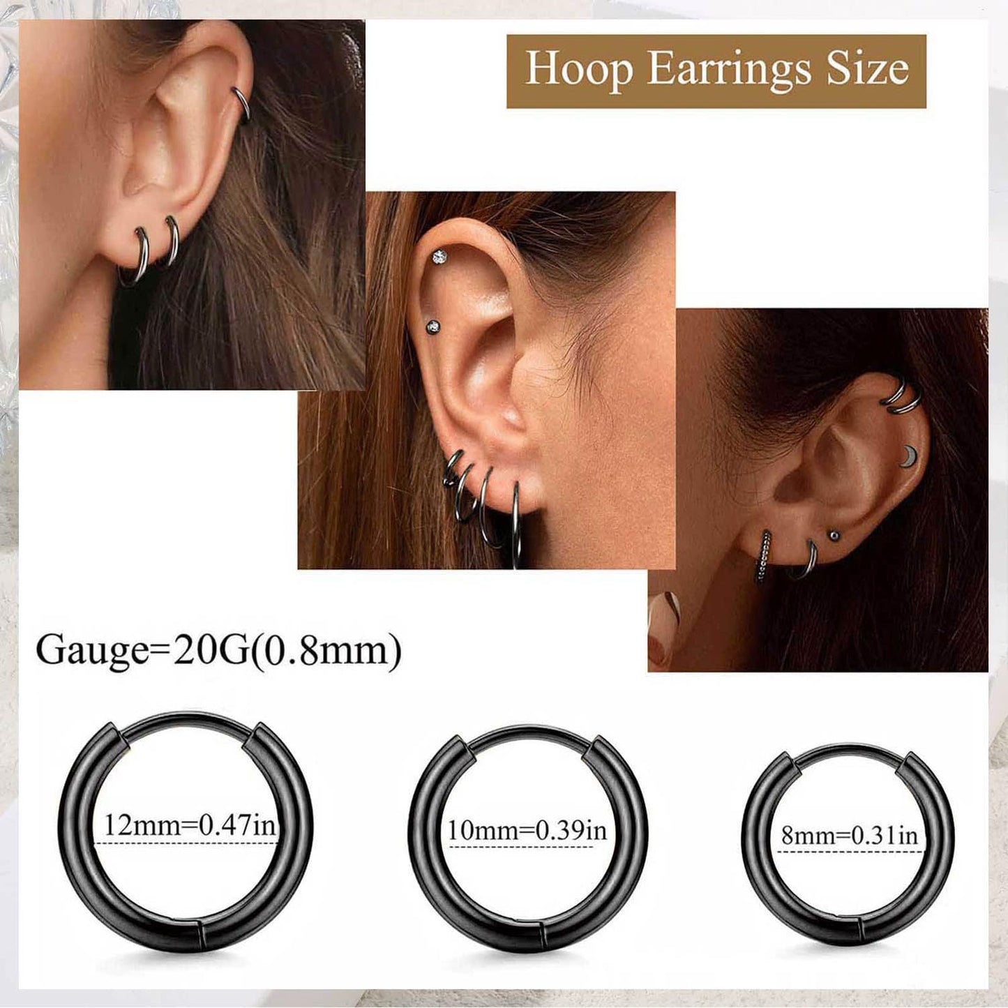 Jstyle Surgical Steel Earrings for Sensitive Ears Hypoallergenic 20G Stainless Stud Hoop Earrings for Women Men Small Ball Opal CZ Surgical Steel Flat Back Earrings Cartilage Hoop Earrings Black Tone