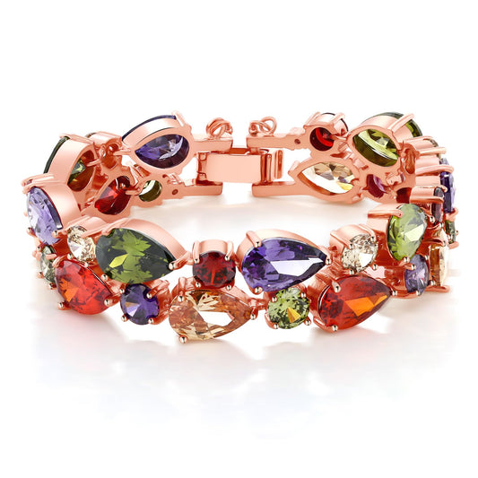 Gem Stone King Multi Color Pear Shape and Round CZ Fold Over Clasp Rose Color Bracelet for Women (7 Inches Length, 1/2 Inches Width, with Security Chain)