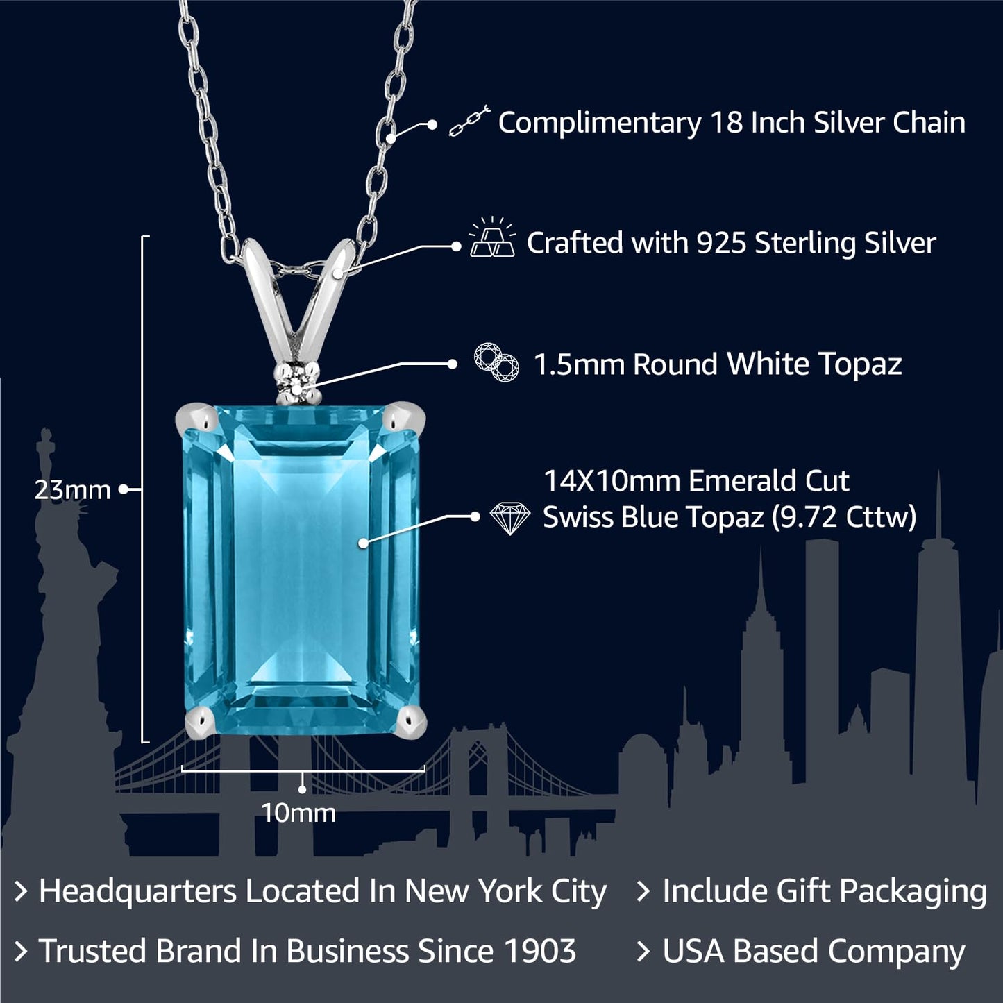 Gem Stone King 925 Silver Swiss Blue Topaz and White Topaz Pendant Necklace For Women (9.72 Cttw, Gemstone November Birthstone, Emerald Cut 14X10MM, with 18 Inch Silver Chain)