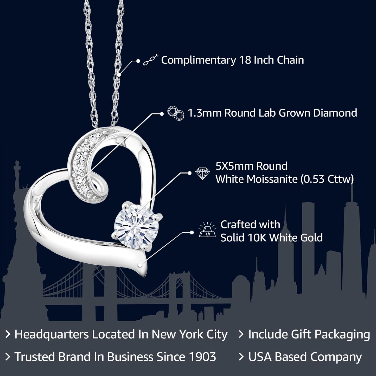 Gem Stone King 10K White Gold 5MM Round Gemstone Birthstone and White Lab Grown Diamond Heart Pendant Necklace | Gold Necklace For Women | With 18 Inch Chain