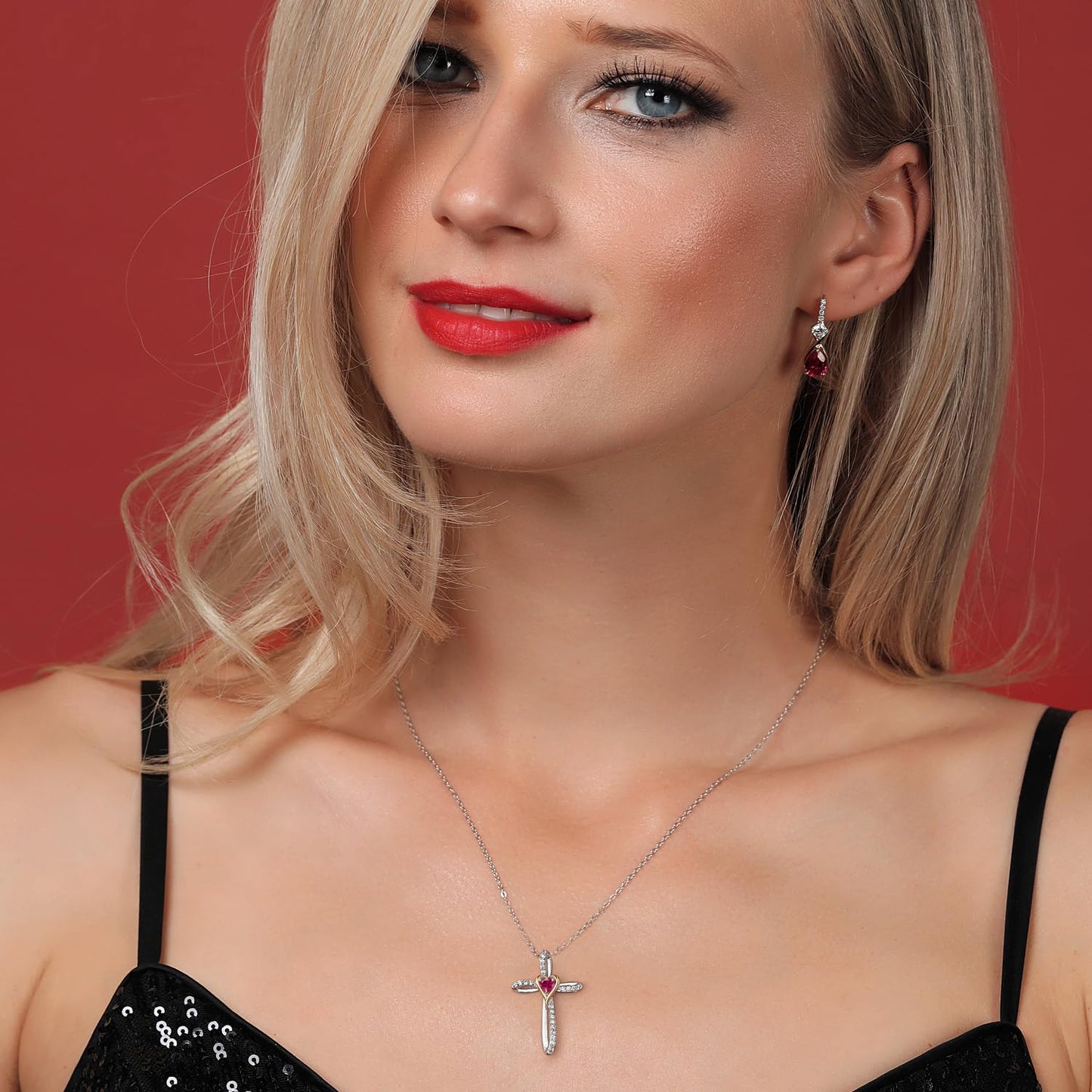 Gem Stone King Cross Necklace For Women | 925 Silver and 10K Yellow Gold 4MM Heart Shape Gemstone Birthstone and White Lab Grown Diamond Cross Pendant Necklace For Women