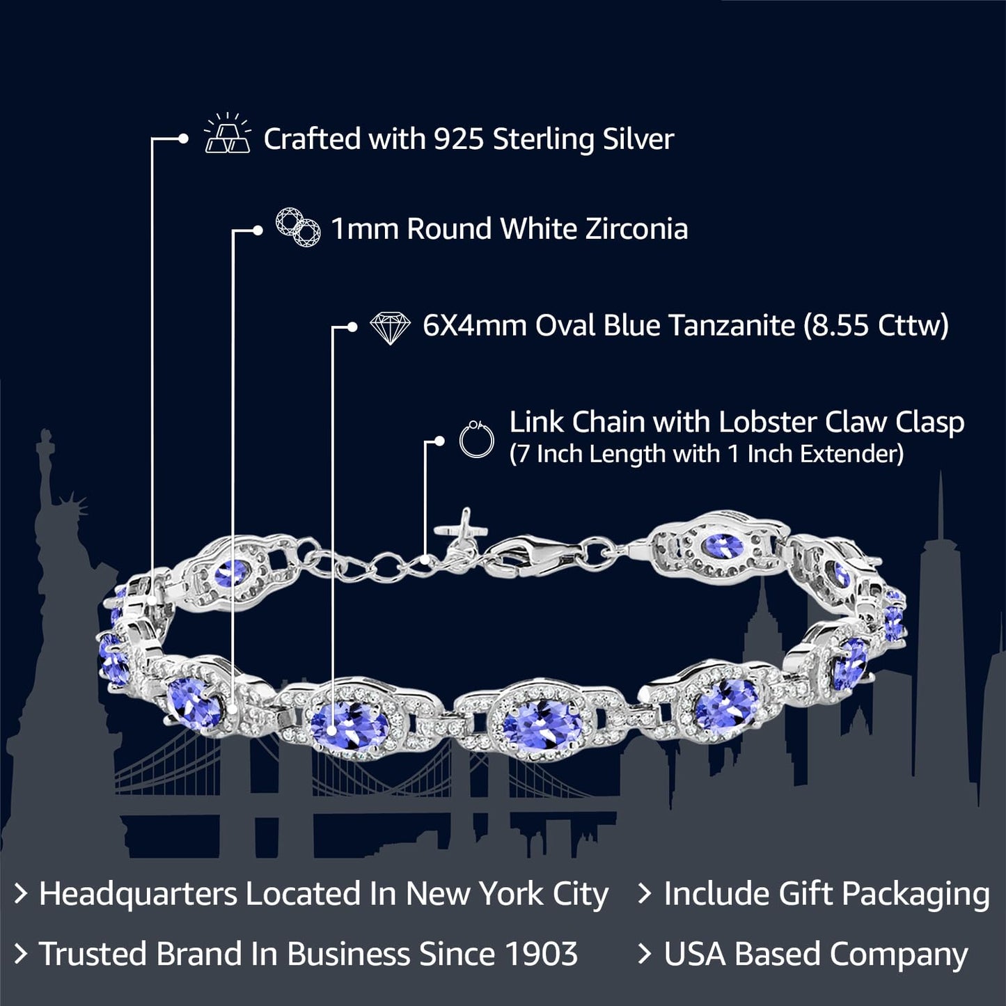 Gem Stone King 8.55 Cttw Blue Tanzanite Tennis Bracelet For Women | 925 Sterling Silver | Gemstone Birthstone | 7 Inch with 1 Inch Extender | Fine Jewelry Gifts for Her Mom Women Wife