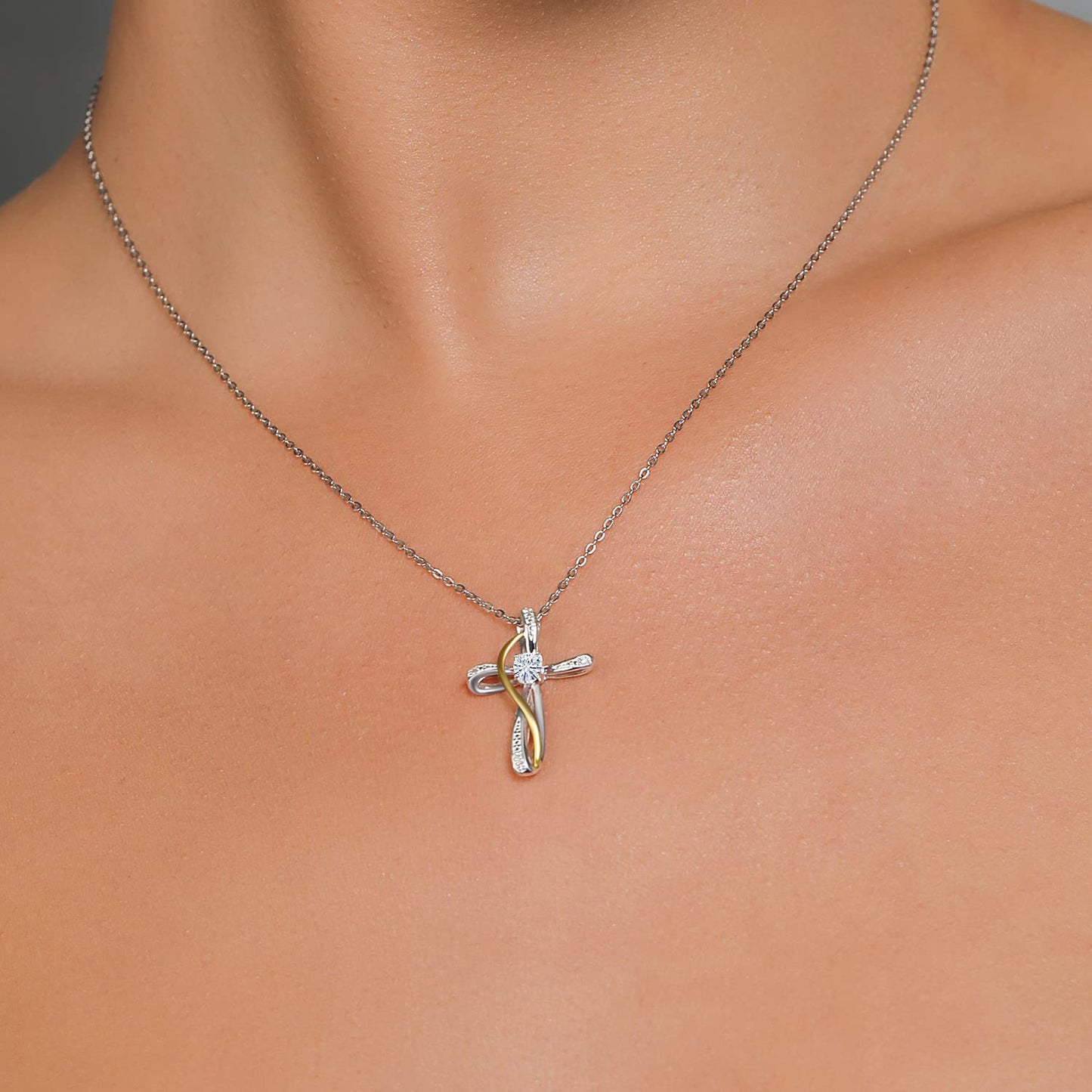 Gem Stone King Infinity Cross Necklace For Women | 925 Sterling Silver and 10K Yellow Gold | Gemstone Birthstone and White Lab Grown Diamond Cross Faith Pendant Necklace | with 18 Inch Chain