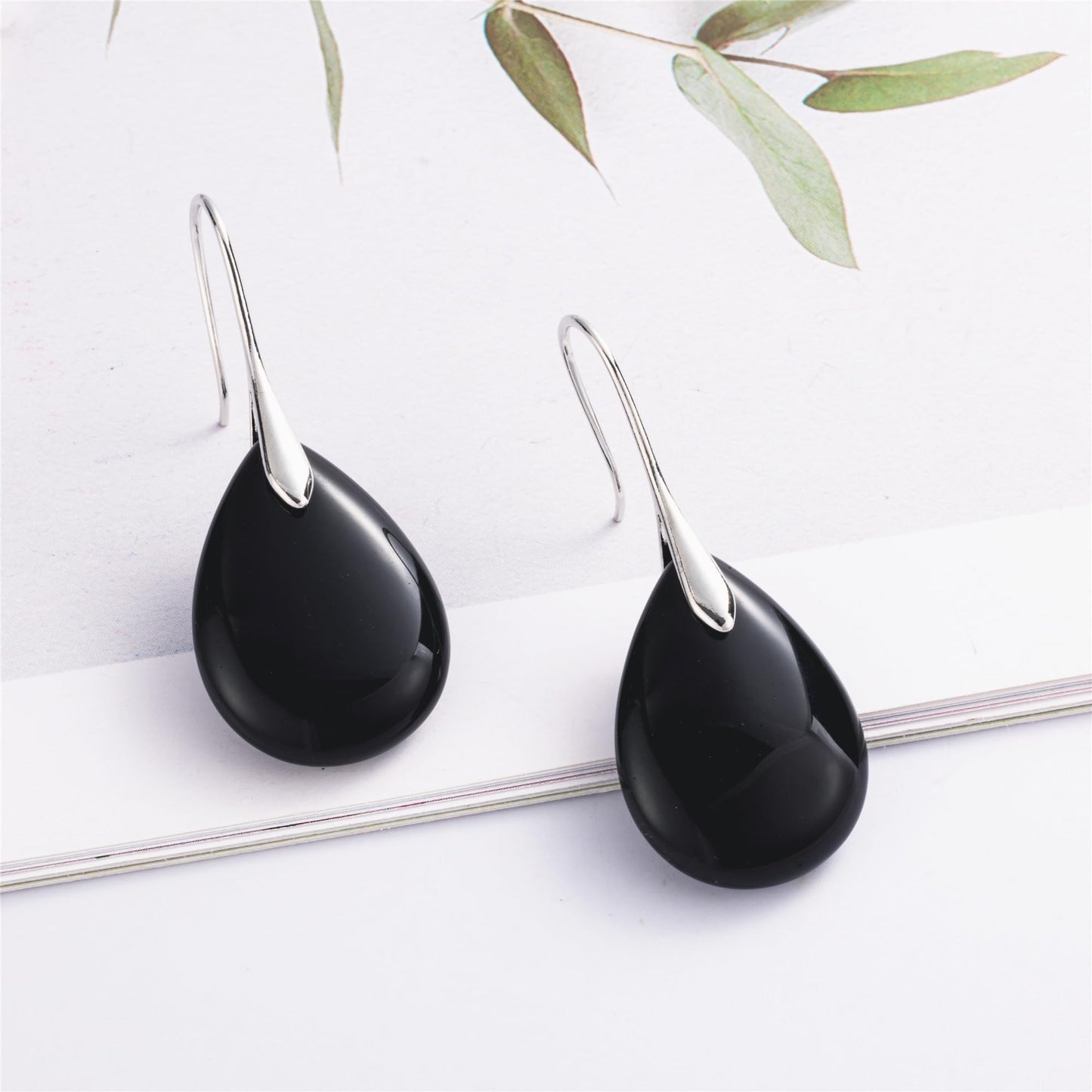 SELOVO Black Agate Stone Teardrop Fishhook Dangle Drop Earrings Silver Tone