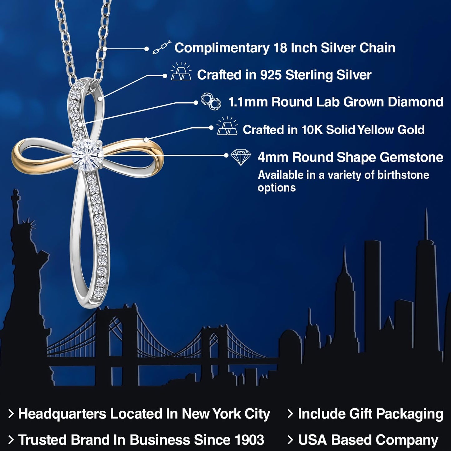 Gem Stone King Infinity Cross Necklace For Women | 925 Sterling Silver & 10K Yellow Gold | 4MM Round Gemstone Birthstone & Lab Grown Diamond Cross Faith Pendant Necklace | With 18 Inch Chain