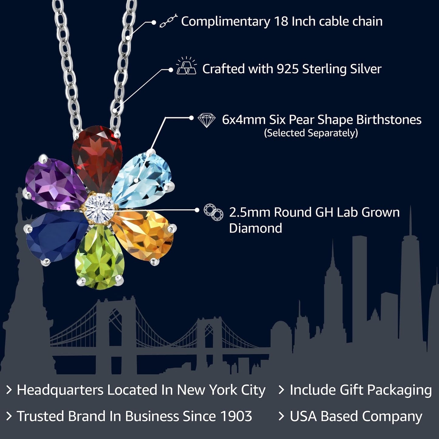 Gem Stone King 925 Sterling Silver and 10K Yellow Gold Gemstone Birthstone and Lab Grown Diamond Necklace | Pear Shape 6X4MM | Flower Pendant Necklace For Women | with 18 Inch Chain