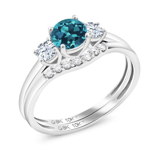 10K White Gold London Blue Topaz and White Created Sapphire and White Lab Grown Diamond 3-Stone Bridal Engagement Wedding Ring Set For Women (0.83 Cttw, November Birthstone, Round 5MM, Size 7)