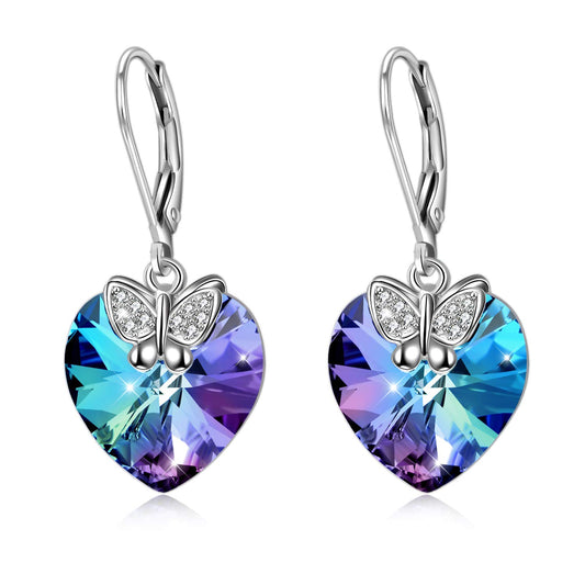 Butterfly Leverback Women Dangle Drop Earrings 925 Sterling Silver Purple Love Heart Crystals Jewelry Valentine Christmas Gifts for Her