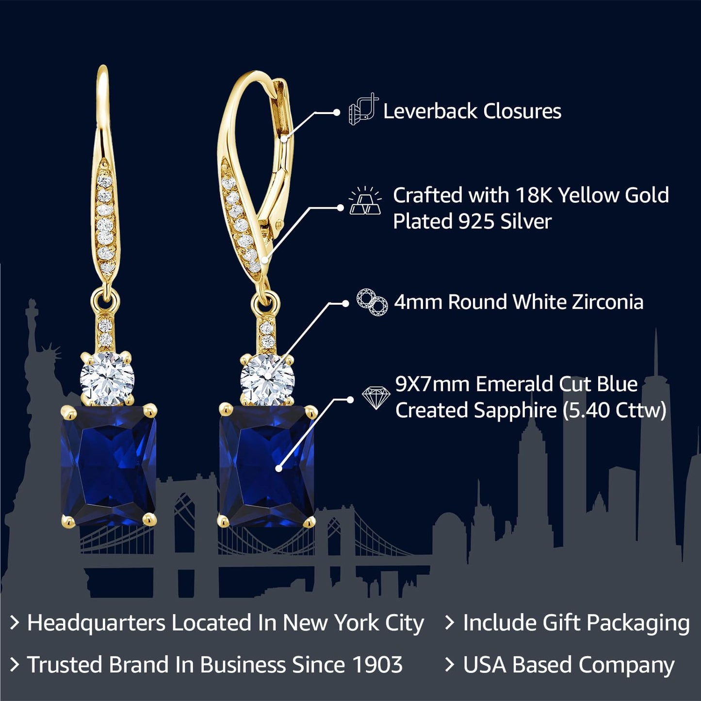 Gem Stone King 18K Yellow Gold Plated Silver Blue Created Sapphire Dangle Earrings For Women (5.40 Cttw, Gemstone September Birthstone, Octagon 9X7MM)